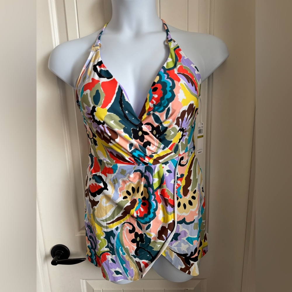 NWT Anne Cole Multicolor Anne Surplice Maillot Swim Dress, size 14 runs small - Picture 3 of 8